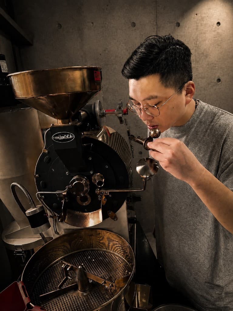 周仁至於彰啡烘豆工作現場，以取樣匙聞豆